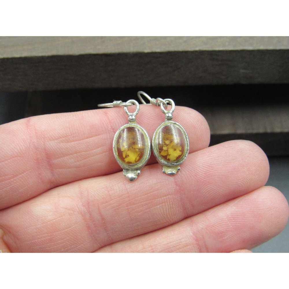 Sterling Silver Tarnished Worn Floral Resin Earrings